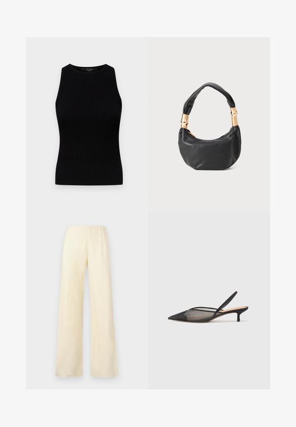 Weekend Max Mara OLIMPO - Top - nero; Wide-leg trousers in light yellow cotton. Features an elastic waistband and smooth texture, with no visible pockets or embellishments.; NEOUS IRENA - Classic heels - black; Black leather handbag with a round shape, soft texture, and a knotted handle featuring gold-tone hardware accents. Zipper closure.