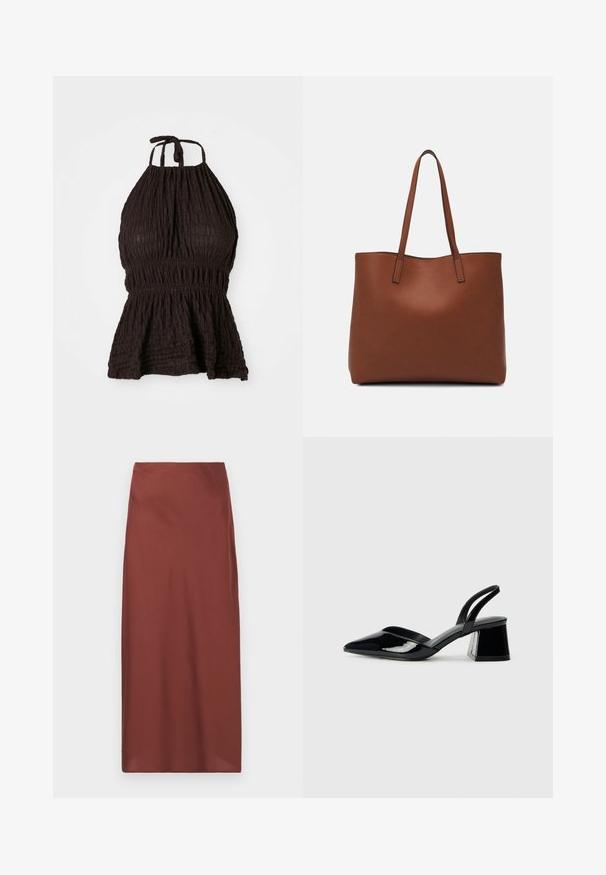 Musta halterneck-toppi, jossa on teksturoitu kangas, smockattu vyötärö ja säädettävät solkistrap. Sisältää peplum-mallin, joka lisää muotoa.; Bordeaux, polvenpituinen hame, joka on valmistettu sileästä kankaasta ja jossa on suora leikkaus sekä hienoinen kiilto. Hameessa on korkea vyötärö eikä näkyviä kiinnityksiä.; Mustat patentoitu nahkakengät, joissa on säären takaosa ja terävä kärki, sekä geometrinen palikkakorko. Sisältää tyylikkään, minimalistisen muotoilun ja sileän pinnan.; Ruskea nahkainen olkalaukku, jossa on sileä pinta, avoin yläosa ja kaksi olkahihnaa. Omaavat vain minimaalisen ompelun eikä näkyvää metalliosaa.