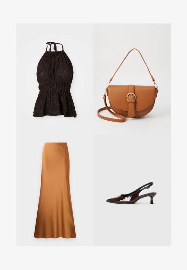 Černá halenková top s texturovanou látkou, smocked pasem a nastavitelnými šňůrkami. Obsahuje peplum design pro dodatečný tvar.; Hnědá saténová maxi sukně s upnutým pasem a rozšířeným spodním lem. Hladká textura s jednobarevnou plochou, bez vzorů nebo viditelného kovového spojení.; Hnědé lakované kožené slingback boty s špičatou špičkou a mírným podpatkem. Disponují přezkou pro bezpečné upevnění. Hladký povrch.; Hnědá kožená křížová taška s zakřiveným tvarem, zlatými detaily a akcentem s přezkou. Obsahuje odnímatelný popruh na rameno.