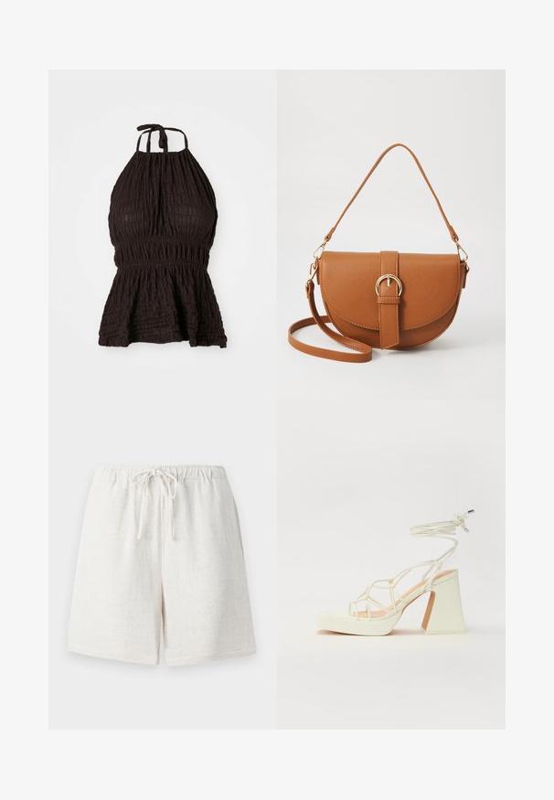 Musta halterneck-toppi, jossa on teksturoitu kangas, smockattu vyötärö ja säädettävät solkistrap. Sisältää peplum-mallin, joka lisää muotoa.; Linen shorts in a creamy white color with an elastic waistband and drawstring. Features a textured surface and a loose-fitting design.; Valkoinen korkokenkä, jossa on paksu korko, ja joka sisältää nauhakiinnityksen ja nilkkaketjun. Sujuva pinta, jossa on platform-etupohja lisäkorkeutta varten.; Ruskean nahkainen olkalaukku, jossa on kaareva muoto, kultaiset yksityiskohdat ja solkiyksityiskohta. Varustettu irrotettavalla olkahihnalla.