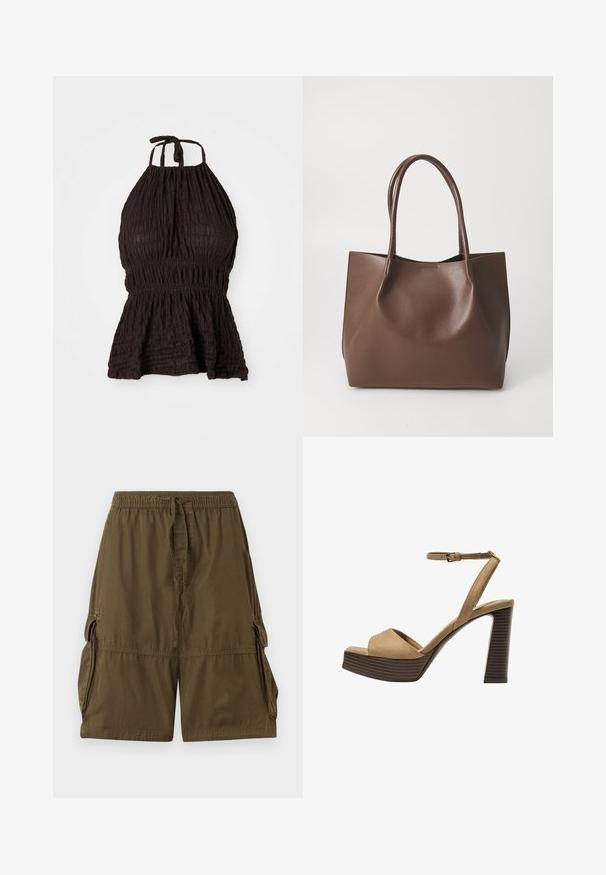 Czarny top na halter z teksturowanej tkaniny, marszczeniem w talii i regulowanymi ramiączkami. Posiada fason peplum, który nadaje kształt.; Khaki zielone szorty cargo wykonane z lekkiego materiału. Posiadają elastyczny pasek w talii, sznurek do regulacji oraz dwie boczne kieszenie cargo.; Beżowe zamszowe sandały na wysokim obcasie z szerokim paskiem z przodu i paskiem za kostkę, z masywnym drewnianym obcasem o teksturowanym wykończeniu.; Brązowa skórzana torba tote z dwiema długimi rączkami, o strukturalnym kształcie, gładkiej fakturze i minimalistycznym designie. Brak widocznych elementów metalowych lub akcentów.