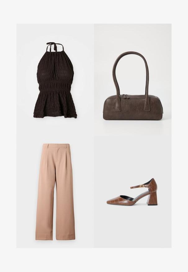 Crna halter gornja majica s teksturiranim materijalom, smirenim strukom i podešivim vezicama. Ima peplum dizajn za dodatni oblik.; Bež hlače širokih nogavica s petljama za pojas, nabranim dijelom u struku i ravnim prednjim dijelom, prikazane na jednostavnoj bijeloj pozadini.; Smeđe lakirane cipele s kvadratnim vrhom, teksturiranim krokodil uzorkom, remenom oko zapešća s zlatnom kopčom i debljim potplatom.; Smeđa kožna torba s dvije čvrste ručke, pravokutnog oblika, glatke teksture i zatvaranjem na zatvarač. Minimalistički dizajn bez vidljivih uzoraka.