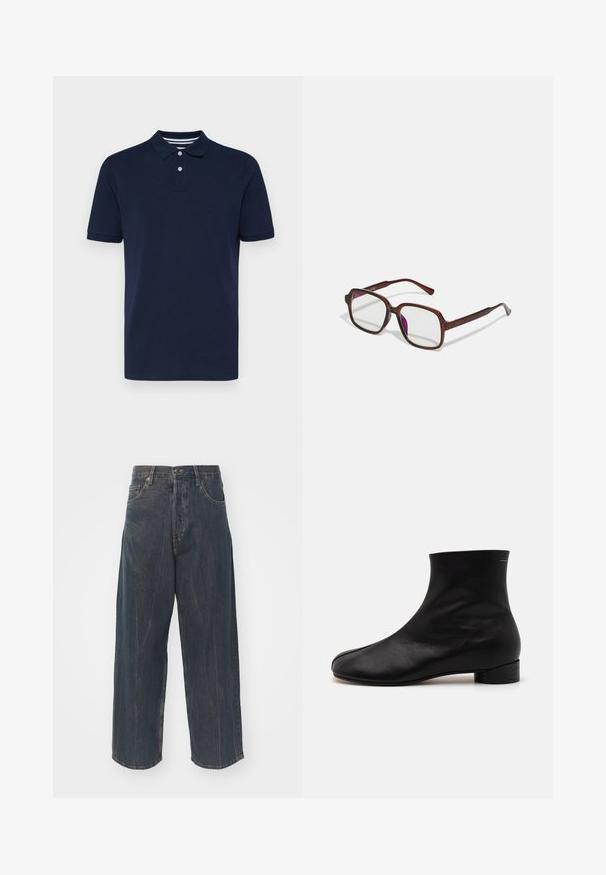 Polo de manga curta azul marinho feito de algodão, com um decote com gola e três botões e riscas horizontais subtis na gola.; Calças de ganga largas de cor azul escuro com uma textura de desgaste subtil, cinco bolsos e um fecho clássico de botão e zíper na cintura.; MM6 Maison Margiela BOOT - Botas clássicas de cano curto - black; Óculos de grau retangulares castanhos, com lentes transparentes e tons roxos. Armação de plástico suave com hastes retas e acentos subtis.