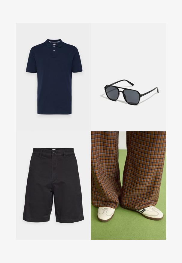 Polo shirt blu navy a maniche corte realizzato in cotone, con scollatura a polo con tre bottoni e sottili strisce orizzontali sul colletto.; GAP ESSENTIAL SHORT - Shorts - true black; Pantaloni a pieghe larghi a quadri marroni e blu abbinati a scarpe bianche con dettagli neri e suole testurizzate, posizionati su uno sfondo verde.; Occhiali da sole neri con montatura ottagonale, lenti scure, finitura lucida, aste sottili e dettagli dorati sul davanti.