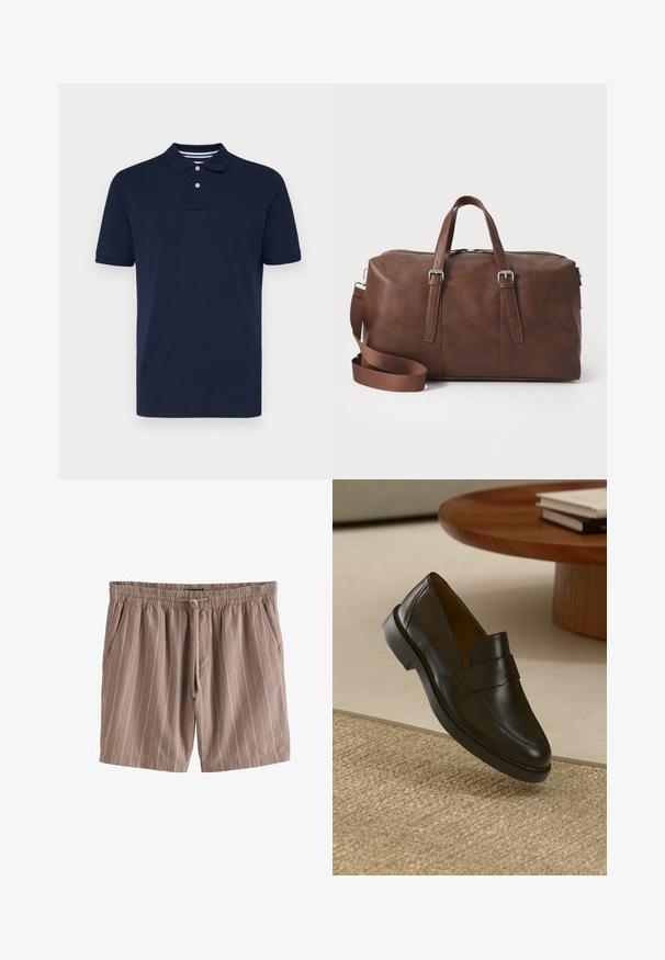 Dunkelblaues Poloshirt mit kurzen Ärmeln aus Baumwolle, mit einem kragenartigen Ausschnitt und drei Knöpfen sowie dezenten horizontalen Streifen am Kragen.; Braun gestreifte Shorts aus leichtem Stoff, mit elastischem Taillenzug, Kordelzug und seitlichen Taschen.; Schwarzer Lederloafer mit glatter Oberfläche, abgerundetem Zeh und dekorativem Riemen über dem oberen Teil. Niedriger Gummihacken, platziert auf einer strukturierten Oberfläche.; Braune Lederreisetasche mit oberen Griffen, abnehmbarem Tragegurt, Reißverschluss und glatter Textur. Minimalistisches Design ohne sichtbare Logos.