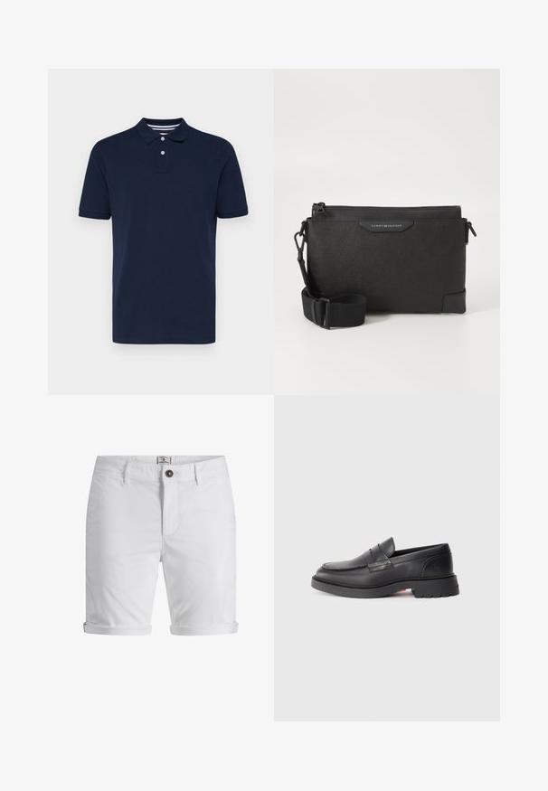 Dunkelblaues Poloshirt mit kurzen Ärmeln aus Baumwolle, mit einem kragenartigen Ausschnitt und drei Knöpfen sowie dezenten horizontalen Streifen am Kragen.; Weiße Baumwollshorts mit umgeschlagenem Saum, ausgestattet mit einem Knopfverschluss, vorderen Taschen und einem strukturierten Stoff. Standardpassform-Design.; Schwarze Leder-Lenker mit runder Spitze, erhobenem Naht und dicker Gummisohle. Schlichtes Design mit minimaler Markenpräsenz an der Seite.; Schwarze Leder-Umhängetasche mit strukturiertem Finish, ausgestattet mit einem Reißverschluss und einem verstellbaren Träger. Logo-Patch auf der Vorderseite. Rechteckige Form.