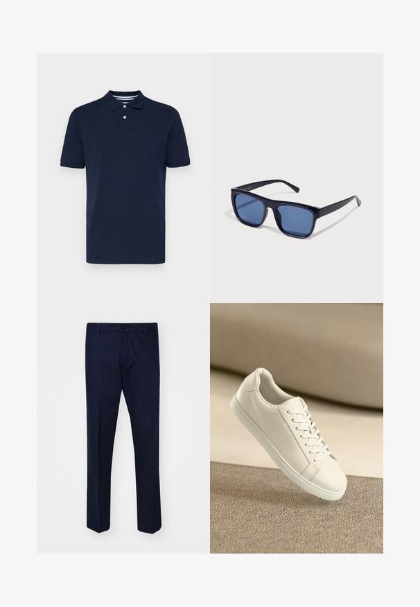 Marinblå pikétröja med kort ärm, tillverkad av bomull, med en krage och tre knappar samt subtila horisontella ränder på kragen.; Marina blå byxor i ett slätt tyg, med raka ben, knappstängning och framfickor.; Vita lädersneakers med vita snören, uppställda på en beige texturerad yta med mjukt suddig bakgrund.; Svarta plastsolglasögon med rektangulära bågar, blåtonade linser och smala sidobågar, med en glänsande yta.