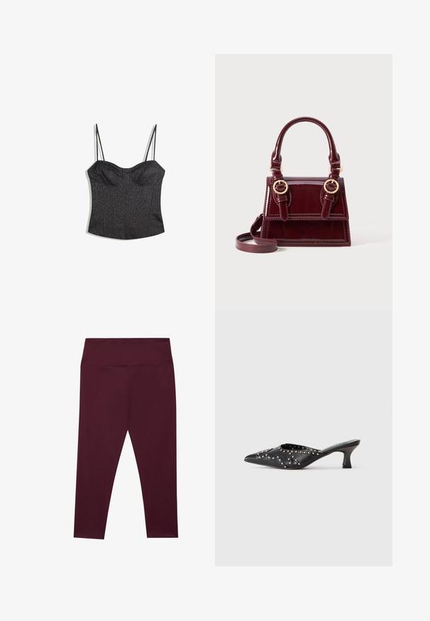 Črn bustier z nastavljivimi trakovi, ki ima strukturirano ploščato obliko in teksturiran leopardski vzorec.; Burgundske legice z visokim pasom, narejene iz gladkega, raztegljivega materiala. Imajo brezšivno zasnovo brez zunanjih žepov.; Črne usnjene mule s koničastim nosom, okrašene s kovinskimi dodatki, in kratko, nagnjeno obrestjo.; Bordo lakirana usnjena torbica z dvojno zgornjo ročico, z zlato kovinsko opremo in snemljivim naramnim trakom. Pravokotna oblika s kontrastnim šivom.; Zlata pravokotna ura na zapestju z teksturirano svetlo zeleno številčnico, dvema črnima kazaloma za ure, zlatim kovinskim zapestjem in minimalističnim dizajnom.