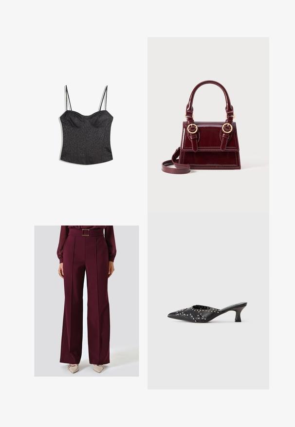 Bustier noir avec bretelles spaghetti réglables, présentant un motif en léopard texturé et un design structuré à panneaux.; Pantalons larges bordeaux avec une taille ceinturée, des plis sur le devant et un tissu lisse. Associés à des chaussures beiges à bout pointu.; Mule pointue en cuir noir avec des motifs décoratifs cloutés et un petit talon kitten angulé.; Sac à main en cuir verni bordeaux avec double poignée supérieure, accents en métal doré et bandoulière détachable. Forme rectangulaire avec des coutures contrastées.; Montre-bracelet rectangulaire en or avec un cadran vert clair texturé, deux marqueurs d'heure noirs, un bracelet en métal doré et un design minimaliste.