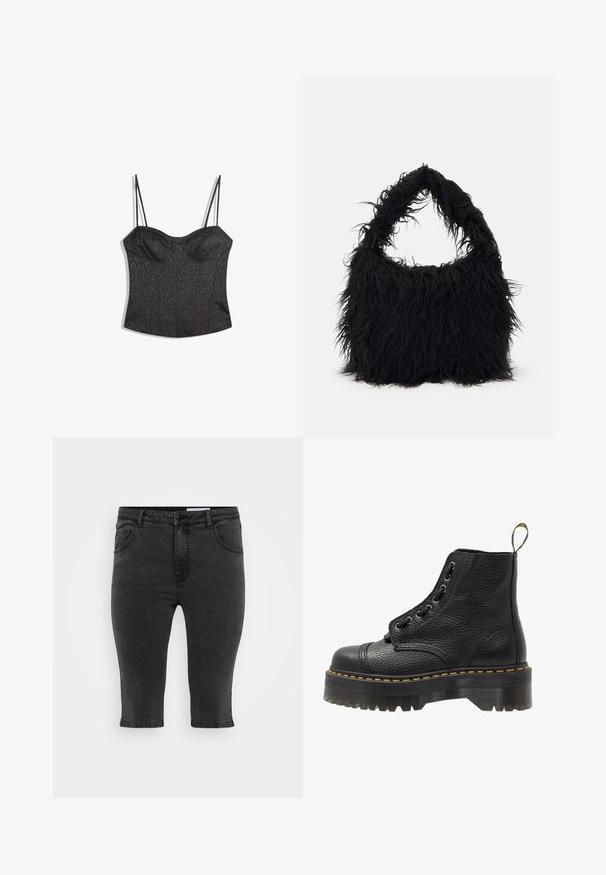 Črn bustier z nastavljivimi trakovi, ki ima strukturirano ploščato obliko in teksturiran leopardski vzorec.; Črne kavbojke capri s ravnim krojem, petimi žepi in tonirano šivanjem. Tkanina ima rahlo teksturo in klasičen dizajn.; Črne usnjene gležnjarje z teksturirano površino, okroglo prsti, vezalkami, rumenim šivom in debelim, rebrastim črnim podplatom.; Even&Odd Torba za nakupovanje - black