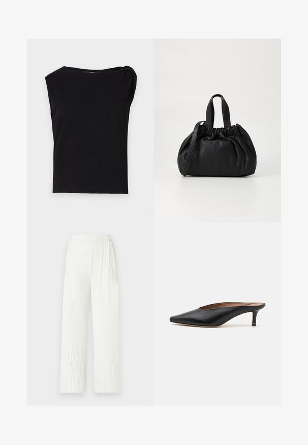 Haut noir à manches courtes en tissu lisse. Avec un col rond et un drapé sur l'épaule. Design simple et ajusté.; Pantalons larges plissés blancs avec une taille élastique. Fabriqués en tissu léger, dotés de rayures verticales et d'une coupe fluide.; Mules en cuir noir avec un bout pointu et un petit talon carré. Texture lisse avec un design épuré. Dos ouvert avec un minimum de détails.; Sac à main en cuir noir avec un design à haut froncé, doté de deux poignées courtes et d'une bandoulière longue et réglable. Texture lisse, forme arrondie.