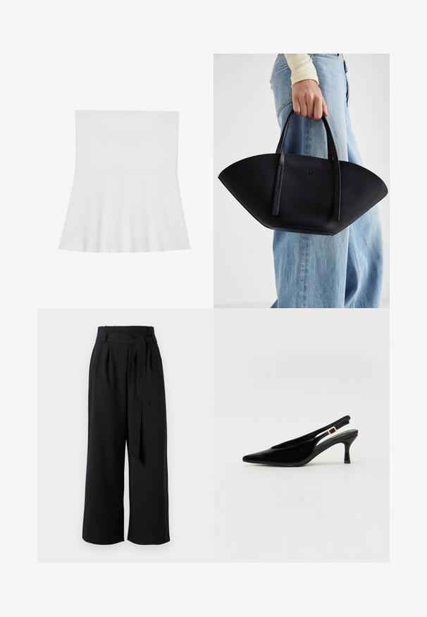 White strapless top made of soft fabric; flared design with a fitted bodice and straight hem, featuring a smooth texture.; Black wide-leg trousers made of lightweight fabric, featuring a tied waistband, pleats, and a cropped cut above the ankle.; Black patent leather slingback pump with a pointed toe, low heel, and a gold buckle accent on the strap. Smooth texture and sleek design.; Black leather handbag with a unique fan shape, featuring flat handles. The surface has a pebbled texture and a minimalistic design.