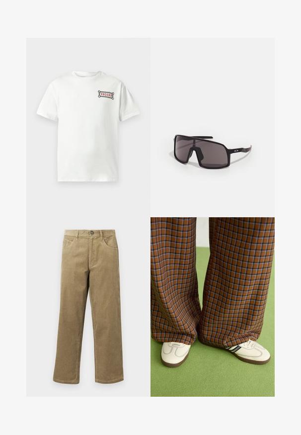 White cotton t-shirt with short sleeves, featuring a rectangular red and black graphic with "Volcom" logo on the left chest area.; Corduroy pants in light brown, featuring a straight leg design, five pockets, and a button closure. Textured fabric with subtle ribbing.; Brown and blue plaid wide-leg trousers paired with white shoes featuring black accents and textured soles, set against a green background.; Black rectangular sunglasses with dark lenses, wide frame, and slender black arms. Features a logo on the temples. Smooth texture.