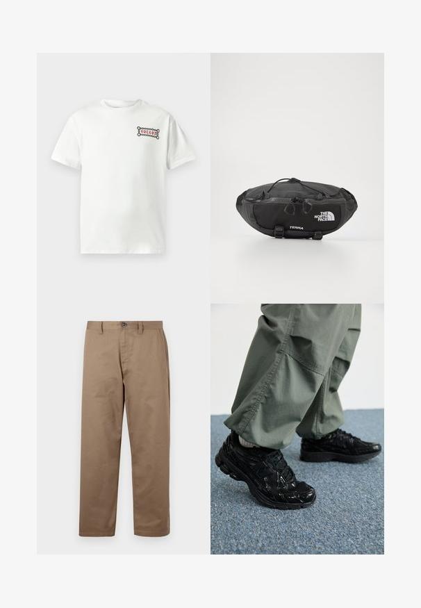 Valkoinen puuvillainen T-paita, jossa on lyhyet hihat ja vasemmassa rinnassa suorakulmainen punainen ja musta grafiikka, jossa "Volcom"-logo.; Ruske puuvillapüksid, sirge lõikega, varustatud nööbiga kinnitamisega, küljetaskutega ja sileda tekstuuriga. Ilma nähtavate mustrite või aktsentideta.; Musta urheilukengät, joissa on kiiltävä ja verkkokangas tekstuuri, paksu pohja ja nauhat, yhdistettynä löysiin oliivinvihreisiin cargo-housuihin.; The North Face TERRA LUMBAR 3L UNISEX - Vyölaukku - asphalt grey/black