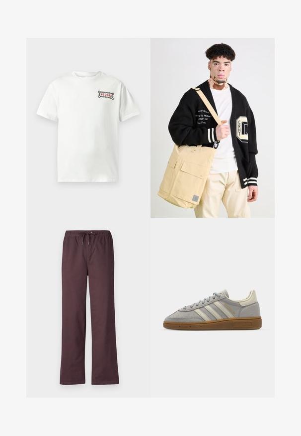 Balta kokvilnas T-krekls ar īsām piedurknēm, uz kura kreisās krūšu daļas ir taisnstūra formā esošs sarkani melns grafiskais attēls ar "Volcom" logotipu.; Violeta kokvilnas bikses ar elastīgu jostu un auklu. Tām ir taisna kāja un gluda tekstūra.; Pelēki zamšādē sneakers ar gaiši pelēkiem ādas svītrainēm un gumijas zoli. Iespējas ietver šņorēšanu un smalku zīmolu uz mēles.; Beidža sūtīšanas soma ar divām priekšējām kabatām, izgatavota no auduma. Liela izmēra melns kardigans ar baltām svītrām un izšūtiem teksta elementiem.