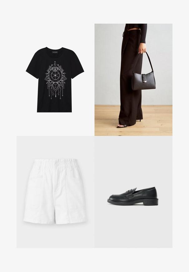 Zwarte katoenen T-shirt met een wit geometrisch mandala ontwerp met hangende details. Korte mouwen en een ronde halslijn.; Witte katoenen shorts met een elastische tailleband, voorzien van een knoop aan de voorkant, twee zijzakken en een strak, eenvoudig ontwerp.; Zwarte leren instappers met een ronde punt, gestikte details en een kleine hak. Soepele textuur en een flexibele rubberen zool.; Zwarte handtas met gestructureerde vorm, gladde textuur en een metalen sluiting. Gecombineerd met brede zwarte broeken en sandalen met open teen op een houten vloer.