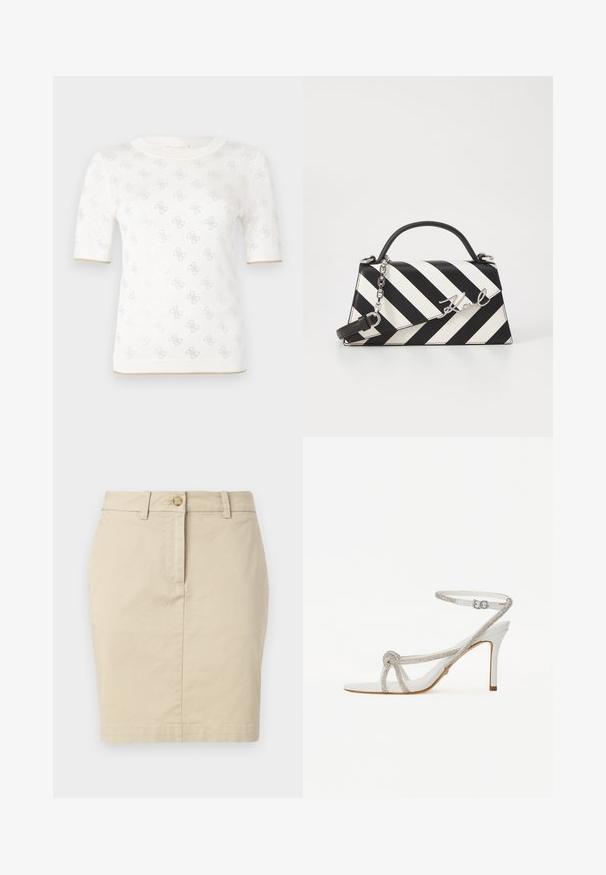 Top de punto blanco de manga corta con un patrón sutil, que presenta un escote redondo y un acento dorado en el dobladillo. La textura parece ligera y transpirable.; Falda de algodón beige con corte recto, cierre frontal de botones y trabillas para cinturón. Textura suave y diseño hasta la rodilla. Estilo sencillo y clásico.; Sandalía blanca de tacón alto con una tira texturizada que cuenta con strass, diseño de punta abierta y correa para el tobillo con hebilla ajustable.; Bolso de mano a rayas en blanco y negro con una forma estructurada, que cuenta con un asa superior, una correa de cadena desmontable y un acento de logo metálico.
