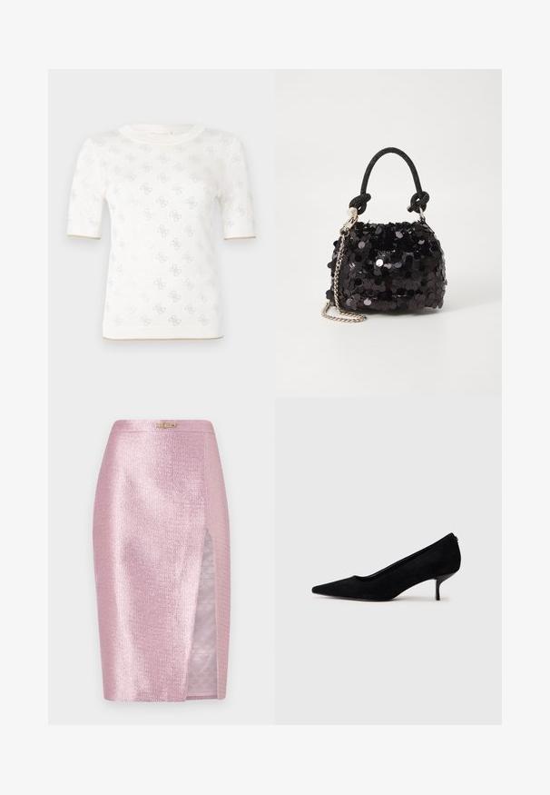 Tricou alb cu mânecă scurtă, tricotat, cu un model subtil, având un guler rotund și un accent auriu la tiv. Textura pare ușoară și respirabilă.; Fustă roz, sclipitoare, cu o deschidere laterală și o căptușeală subtilă cu monograma Fendi. Textură netedă, design mulat și accente metalice pentru detalii.; Pantofii cu toc înalt din suede negru, cu vârf ascuțit și un toc subțire, jos. Textură netedă, cu un design elegant, fără hardware vizibil.; Geantă mini neagră cu paiete, cu un umar texturat înnodat și un lanț argintiu. Formă rotundă cu partea de sus adunată și detalii reflectorizante.