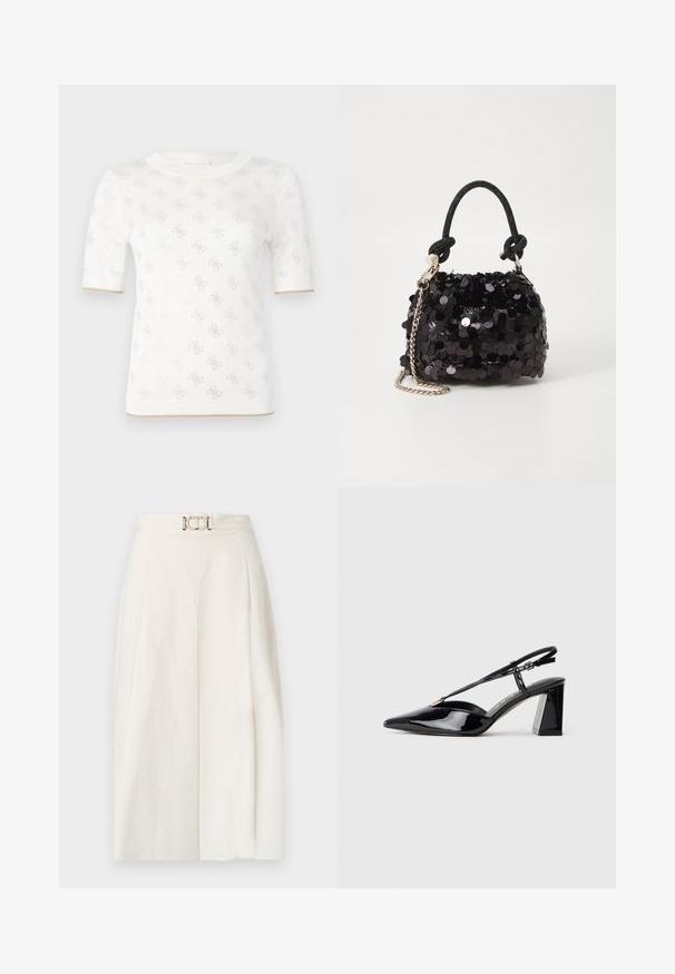 Gestricktes weißes Kurzarmoberteil mit subtilen Mustern, das über einen runden Ausschnitt und einen goldenen Akzent am Saum verfügt. Die Textur wirkt leicht und atmungsaktiv.; Weite Hose aus weißem Baumwollstoff. Mit hoher Taille, einem Vorderfalten und einem metallischen Gürtelschnalle-Detail. Glatte Textur.; Schwarze lackleder Slingback-High-Heels mit spitz zulaufender Zehenpartie, verstellbarem Riemen und klobigem rechteckigem Absatz.; Schwarze Pailletten-Mini-Handtasche mit einem geknoteten, strukturierten Tragegurt und einer silbernen Kette. Abgerundete Form mit gerafftem oberen Teil und reflektierenden Details.