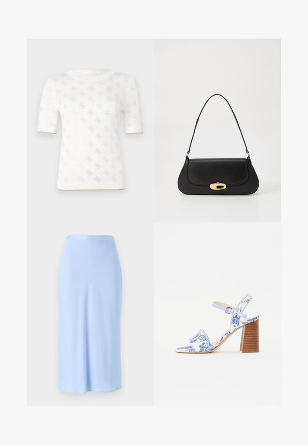 Kootud valge lühikese varrukaga topp, millel on peene muster, ümmargune kaelus ja kuldne aksent allservas. Tekstuur näib kerge ja hingav.; Heled sinine midi-seelik, mis on valmistatud siledast kangast. Liibuv vöökoht, otsejoonega siluett ja minimaalsed õmblused. Peene sära pinnal.; Sinine lillemustriga sandaal ruudukujulise varbaga, laia riba ja reguleeritava pahkluu rihmaga, millel on tekstuuriga puidust plokk-kann.; Mustroone nahast käekott kaarjate vormidega, kuldse tooni detailide ja ülemise käepideme ning sujuva sulgemise ja sileda tekstuuriga.