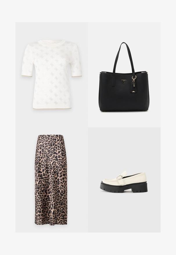 Pleteni beli kratkotrajni top z diskretno vzorcem, ki ima okroglo ovratnico in zlat dodatek na robu. Tekstura se zdi lahka in zračna.; Satin krilo v leopardjem vzorcu z visokim pasom, do kolen, sijoča tekstura in tekoč dizajn.; Bela usnjena loafer čevlja z debelim črnim podplatom, ki ima pravokotno srebrno zaponko in vidne šive na zgornjem delu.; Črna torba iz teksturiranega sintetičnega materiala, opremljena z dvema ročajoma, z zlatim logotipom in majhno oznako z detajlom v kontrastni barvi.