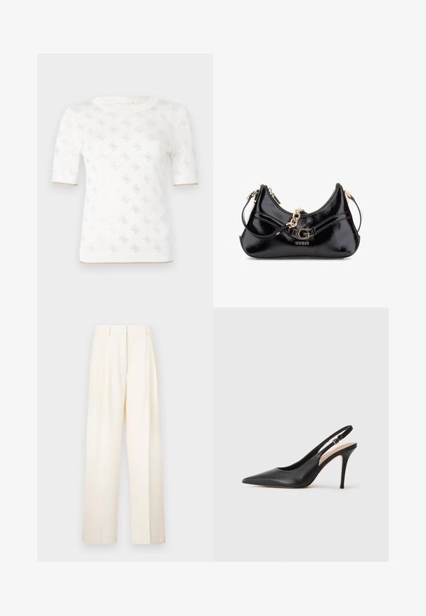 Gestricktes weißes Kurzarmoberteil mit subtilen Mustern, das über einen runden Ausschnitt und einen goldenen Akzent am Saum verfügt. Die Textur wirkt leicht und atmungsaktiv.; Bequeme, cremefarbene Weite Hosen, aus glattem Stoff gefertigt. Sie verfügen über ein maßgeschneidertes Design mit vorderen Falten und einem geraden Schnitt.; Schwarze Leder-Slingback-Pumps mit spitzer Zehenform, glatter Textur und einem zarten Riemen mit einer metallischen Schnalle.; Schwarze Lackledertasche mit geschwungenem Design, goldenen Hardware-Akzenten und einem auffälligen Logo. Inklusive abnehmbarem Schultergurt.