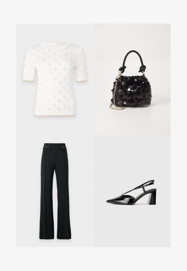 Gestricktes weißes Kurzarmoberteil mit subtilen Mustern, das über einen runden Ausschnitt und einen goldenen Akzent am Saum verfügt. Die Textur wirkt leicht und atmungsaktiv.; Schwarze, hoch sitzende, ausgestellte Hose mit vorderen Nahtdetails und zwei Klappentaschen mit goldenen Knöpfen an der Taille.; Schwarze lackleder Slingback-High-Heels mit spitz zulaufender Zehenpartie, verstellbarem Riemen und klobigem rechteckigem Absatz.; Schwarze Pailletten-Mini-Handtasche mit einem geknoteten, strukturierten Tragegurt und einer silbernen Kette. Abgerundete Form mit gerafftem oberen Teil und reflektierenden Details.