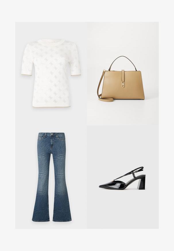 Mezgamas baltas trumpomis rankovėmis palaidinės su subtiliu raštu, apvaliu iškirpimu ir auksiniu akcentu apatinėje dalyje. Audinys atrodo lengvas ir kvėpuojantis.; Mėlyni platėjantys džinsai su visame paviršiuje pakartotu "JOOP! JEANS" logotipo raštu ir klasikiniu penkių kišenių dizainu.; Juodos lakinės odos aukštakulnės basutės su smailiu pirštu, reguliuojama juosta ir storu stačiakampiu kulnu.; Tommy Hilfiger LIBRE SATCHEL - Rankinė - safari