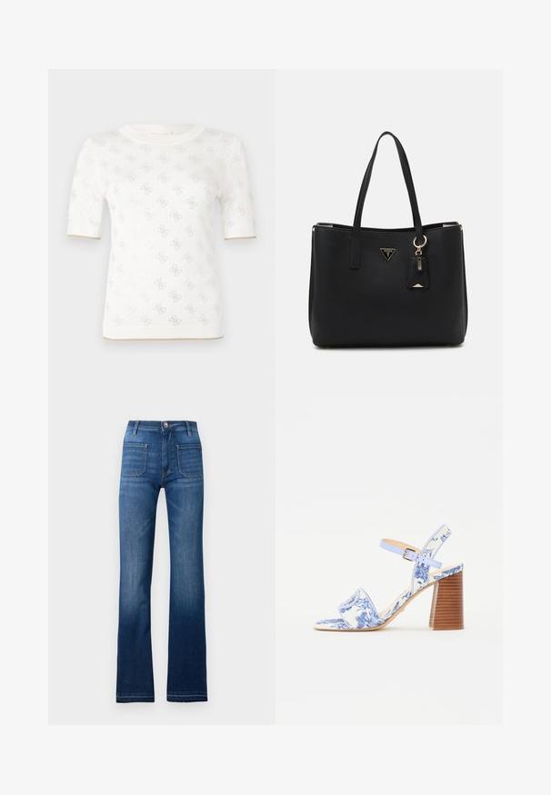 Kootud valge lühikese varrukaga topp, millel on peene muster, ümmargune kaelus ja kuldne aksent allservas. Tekstuur näib kerge ja hingav.; Sinine denim materjalist laienevad teksad, millel on viis taskut, nupuga kinnitamine ja nähtavad õmblused, mis annavad veidi pleekinud ilme.; Sinine lillemustriga sandaal ruudukujulise varbaga, laia riba ja reguleeritava pahkluu rihmaga, millel on tekstuuriga puidust plokk-kann.; Musthave mustkott, mis on valmistatud tekstuuriga sünteetilisest materjalist, kahes käepidemes, millel on kuldne logo plaat ja väike märgistus koos aksendiga.