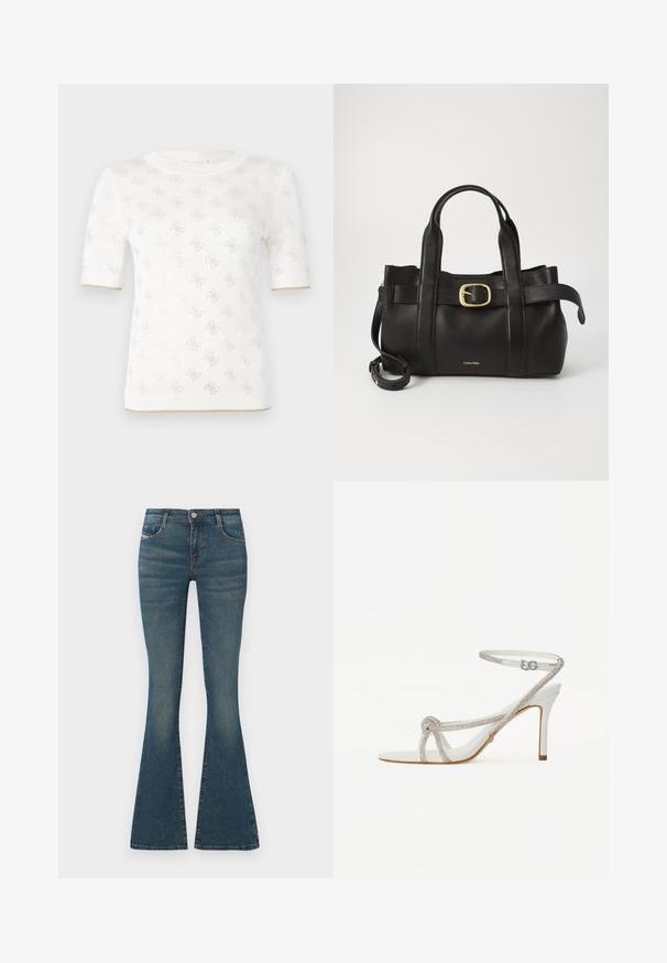 Knitted white short-sleeve top with subtle pattern, featuring a round neckline and gold accent at the hem. texture appears lightweight and breathable.; Flared blue jeans made of denim, featuring a mid-rise waist, front pockets, and subtle fading along the legs. Classic five-pocket style.; White high-heeled sandal with a textured strap featuring rhinestones, open toe design, and ankle strap with adjustable buckle.; Black leather handbag featuring a structured design, dual top handles, gold-tone buckle accent, and embossed brand logo at the front.