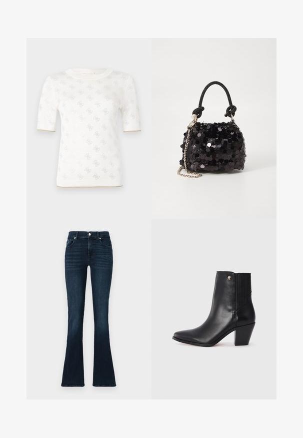 Top corto a maniche corte bianco lavorato a maglia con un motivo sottile, caratterizzato da un collo rotondo e un'accensione dorata all'orlo. La texture appare leggera e traspirante.; Jeans svasati di colore blu scuro realizzati in denim, con un classico design a cinque tasche, chiusura con bottone metallico e leggero effetto usurato sui fianchi.; Stivale alla caviglia in pelle nera con punta affilata, pannelli laterali elasticizzati e tacco quadrato. Presenta un piccolo dettaglio con logo dorato.; Mini borsa a tracolla nera in paillettes con una tracolla texturizzata annodata e catena argentata. Forma rotonda con parte superiore arricciata e dettagli riflettenti.