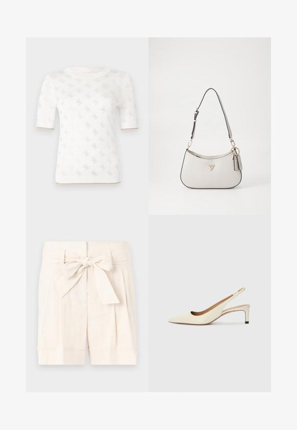 Kootud valge lühikese varrukaga topp, millel on peene muster, ümmargune kaelus ja kuldne aksent allservas. Tekstuur näib kerge ja hingav.; Bežid kõrgemad lühikesed püksid, mis on koos sidumisrinnahaga, volditud disainiga ja kergete kraeäärtega. ; Kitsaste ninaga slingback-kingad heledast nahast, madala kontsaga ja lõikega disainiga, millel on sile tekstuur ja minimaalne aksessuaaride kasutus.; Valge tekstuuriga käekott, millel on kõver kuju, kuldne tarnimine, eemaldatav rihm ja logo aktsent. Sisaldab võtmehoidjat brändinguga.