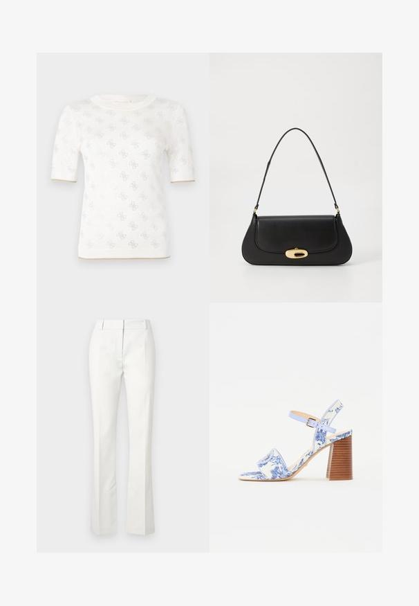 Pletený biely krátky rukáv top s jemným vzorom, vybavený okrúhlym výstrihom a zlatým akcentom na okraji. Textúra vyzerá ľahučko a priedušne.; Biele nohavice na mieru s rozšíreným spodkom, s prednými záhybmi a hladkým povrchom, vyrobené z ľahkého materiálu.; Modré sandále s kvetinovým vzorom, so štvorcovou špičkou, širokým popruhom a nastaviteľným členkovým popruhom, s textúrovaným dreveným blokovým podpätkom.; Čierna kožená kabelka s prehnutým dizajnom, zlatými kovovými detailmi a horným uchom. Má elegantné zatvorenie a hladký povrch.