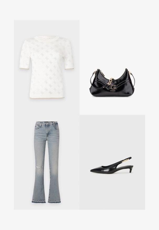 Mezgamas baltas trumpomis rankovėmis palaidinės su subtiliu raštu, apvaliu iškirpimu ir auksiniu akcentu apatinėje dalyje. Audinys atrodo lengvas ir kvėpuojantis.; Šviesiai mėlynos platesnės džinsai su suplėšytomis kelnėmis, penkiomis kišenėmis ir suplėšytu kraštu. Pagaminti iš džinsinio audinio, turi vidutinio aukščio juosmenį.; Juodas odinis pavasario batelių modelis su smailiu nosiu, turintis siaurą kulniuką ir auksinės spalvos akcentu reguliuojamoje juostoje. Lygi tekstūra.; Juodas lakinės odos maišelis su išlenktu dizainu, auksiniais aksesuarais ir ryškiu logotipu. Komplektuojamas su nuimamu peties diržu.