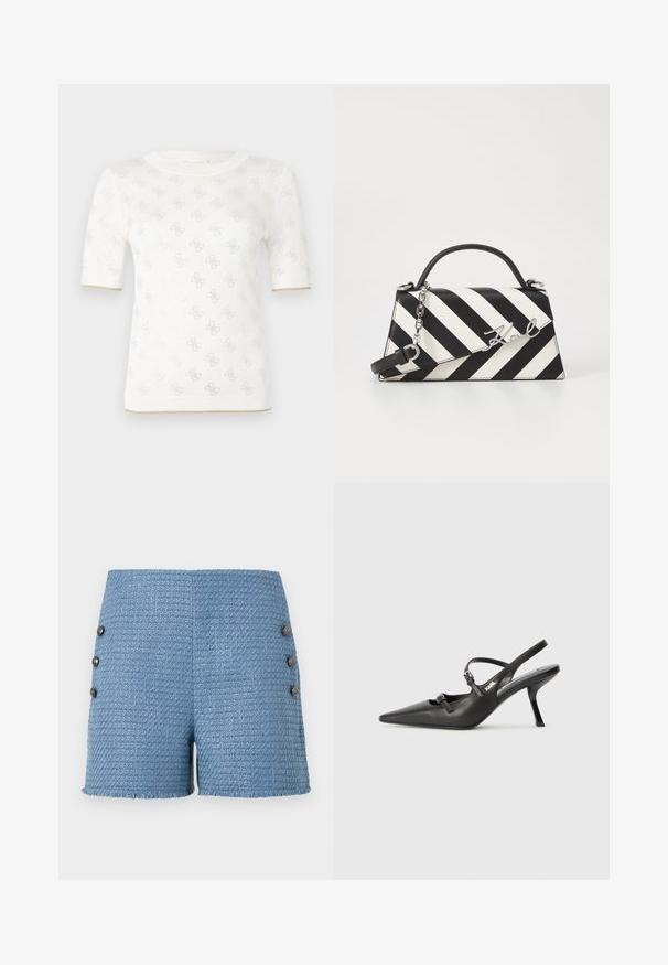 Kootud valge lühikese varrukaga topp, millel on peene muster, ümmargune kaelus ja kuldne aksent allservas. Tekstuur näib kerge ja hingav.; Sinised kootud lühikesed püksid, mis on valmistatud tekstureeritud kangast, fraktsioonse äärisega ja külgedel nelja dekoratiivse nööbiga lisadetaili jaoks.; Must musta slingback kontsad, terava nina, peenike konts ja dekoratiivne pandla detail peal. Sile tekstuur ja stiilne disain.; Mustriga musta ja valgega käekott, millel on struktureeritud kuju, pehme käepide, eemaldatav ahelriba ja metallist logo aktsent.