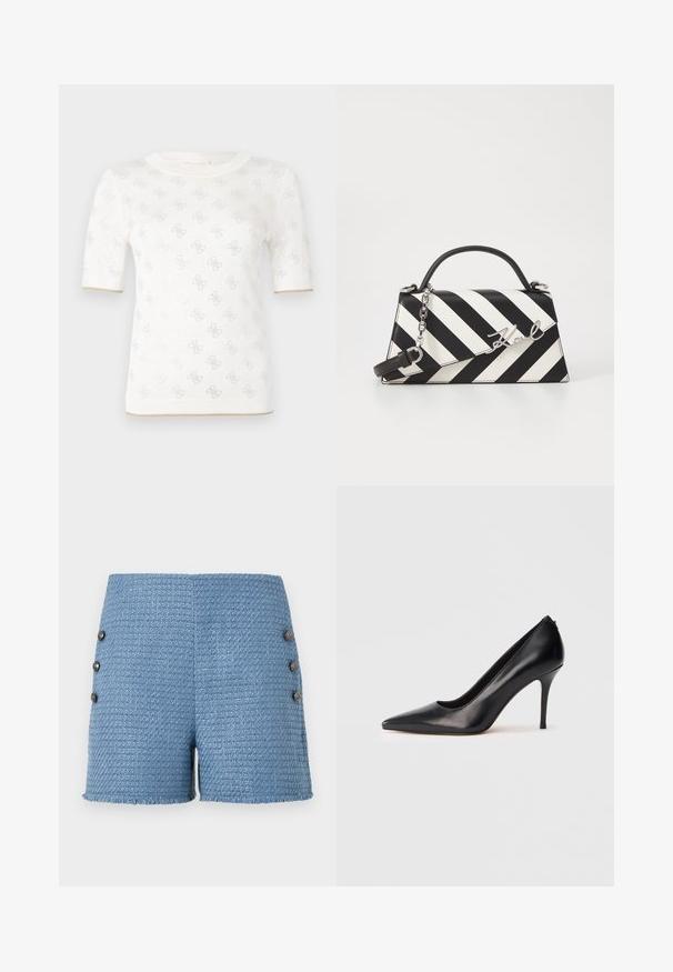 Top de punto blanco de manga corta con un patrón sutil, que presenta un escote redondo y un acento dorado en el dobladillo. La textura parece ligera y transpirable.; Pantalones cortos trenzados en azul que presentan un tejido texturizado, un dobladillo deshilachado y cuatro botones decorativos en el lateral para un detalle adicional.; Zapato de salón de cuero negro con tacón alto, punta puntiaguda, textura suave y diseño elegante. Presenta un tacón delgado y elevado y un frente bajo.; Bolso de mano a rayas en blanco y negro con una forma estructurada, que cuenta con un asa superior, una correa de cadena desmontable y un acento de logo metálico.