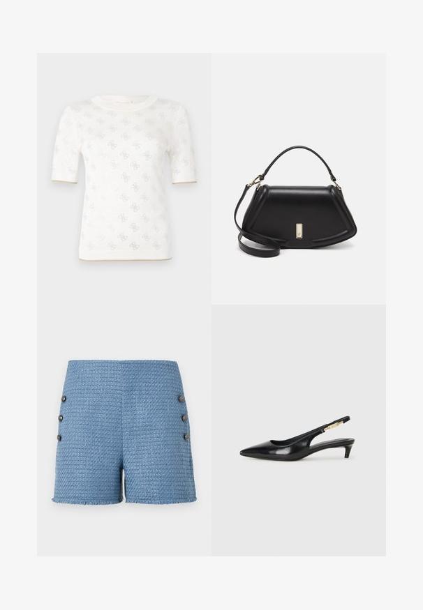 Top de punto blanco de manga corta con un patrón sutil, que presenta un escote redondo y un acento dorado en el dobladillo. La textura parece ligera y transpirable.; Pantalones cortos trenzados en azul que presentan un tejido texturizado, un dobladillo deshilachado y cuatro botones decorativos en el lateral para un detalle adicional.; Tacones negros de piel sintética tipo slingback con punta afilada, que cuentan con un tacón delgado y un detalle en tono dorado en la correa ajustable. Textura suave.; Bolso de mano de cuero negro con un diseño estructurado, que presenta una forma recortada, asa superior y acentos en dorado. Correa de hombro ajustable incluida.