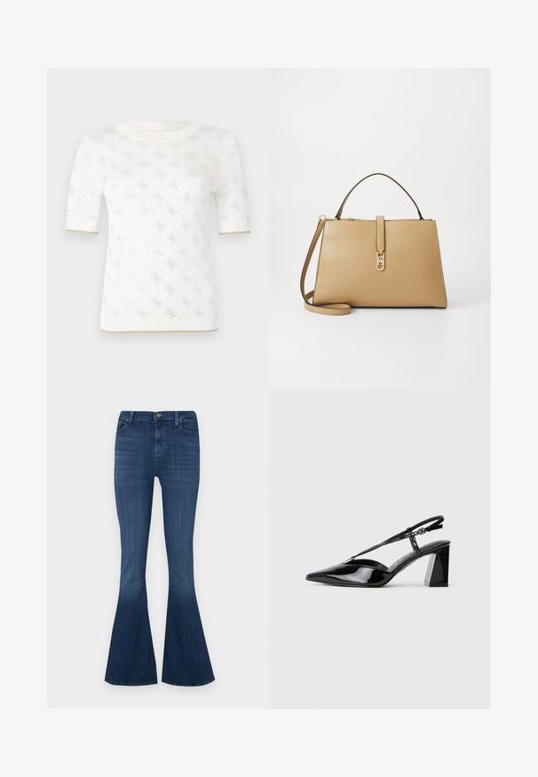 Mezgamas baltas trumpomis rankovėmis palaidinės su subtiliu raštu, apvaliu iškirpimu ir auksiniu akcentu apatinėje dalyje. Audinys atrodo lengvas ir kvėpuojantis.; Tamsiai mėlynos plačios džinsinės kelnės, turinčios prigludusią juosmenį, penkias kišenes ir klasikį sagčių uždarymą. Lygus paviršius su šiek tiek elastanu.; Juodos lakinės odos aukštakulnės basutės su smailiu pirštu, reguliuojama juosta ir storu stačiakampiu kulnu.; Tommy Hilfiger LIBRE SATCHEL - Rankinė - safari