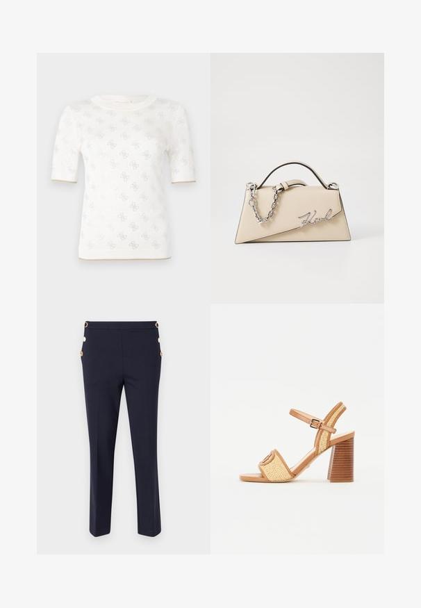 Knitted white short-sleeve top with subtle pattern, featuring a round neckline and gold accent at the hem. texture appears lightweight and breathable.; Navy blue pants made of smooth fabric, featuring a slim fit, subtle texture, and gold-button accents on the side pockets.; Brown leather and woven straw heeled sandals, featuring an ankle strap, open toe, and a chunky wood-like heel with horizontal stripes.; Beige leather handbag with a structured, triangular shape, featuring a silver chain handle and a cursive logo in metal.