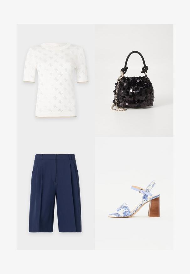 Pleteni beli kratkotrajni top z diskretno vzorcem, ki ima okroglo ovratnico in zlat dodatek na robu. Tekstura se zdi lahka in zračna.; Mornarsko modri šortsi s krojem po meri, z nabranim sprednjim delom, zankami za pas in gladko teksturo tkanine, dolžina do kolen.; Modra sandal z cvetličnim vzorcem, s kvadratnim nosom, širokim trakom in nastavljivim gležnjevim trakom, ki ima teksturiran lesen blokast pet.; Črna mini torbica s palčkami iz bleščic, z vozlanim teksturiranim trakom in srebrnima verigama. Okrogla oblika z nabranim vrhom in odsevnimi detajli.