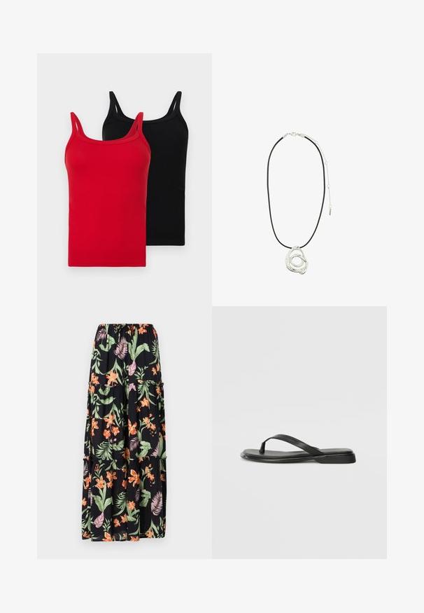Dve rebrované tielka v červenej a čiernej farbe. Každé má tenké ramienka, úzky strih a jemnú bavlnu. Žiadne viditeľné logá ani vzory.; Čierna maxi sukňa s kvetinovým vzorom, na ktorej sú oranžové a ružové kvety, zelené listy, elastický pás a vrstvový dizajn. Ľahká tkanina s splývavou textúrou.; Čierne šľapky vyrobené z hladkej kože, s tenkým pásikom a plochou podrážkou s minimalistickým profilom. Bez výrazných vzorov alebo akcentov.; Pilgrim UNFOLD - Náhrdelník - silver-coloured
