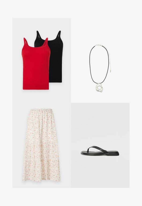 Deux débardeurs côtelés en rouge et noir. Chacun a des bretelles fines, une coupe ajustée et une texture en coton doux. Pas de logos ni de motifs visibles.; Jupe midi florale avec un fond blanc et des fleurs roses et vertes, taille élastique et design en niveaux pour plus de volume.; Tongs noires en cuir lisse, avec un design de sangle fine et une semelle plate à profil minimal. Aucun motif ou accent notables.; Pilgrim UNFOLD - Collier - silver-coloured