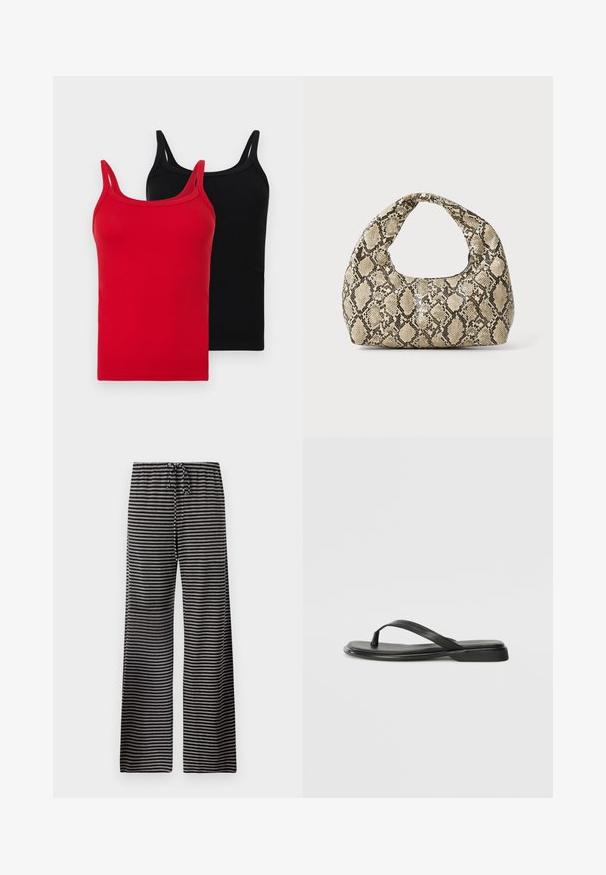 Deux débardeurs côtelés en rouge et noir. Chacun a des bretelles fines, une coupe ajustée et une texture en coton doux. Pas de logos ni de motifs visibles.; Pantalons de pyjama rayés en noir et gris, avec une coupe ample, une taille élastique avec cordon de serrage, et une texture de tissu douce.; Tongs noires en cuir lisse, avec un design de sangle fine et une semelle plate à profil minimal. Aucun motif ou accent notables.; Sac à main en motif serpent avec une poignée incurvée. Fabriqué à partir de matériaux texturés beiges et bruns, présentant un motif en diamant distinctif.