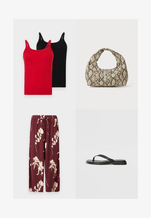 Deux débardeurs côtelés en rouge et noir. Chacun a des bretelles fines, une coupe ajustée et une texture en coton doux. Pas de logos ni de motifs visibles.; Pantalons larges bordeaux en tissu léger ornés d'un motif floral crème, avec une taille élastique à cordon de serrage et deux poches latérales.; Tongs noires en cuir lisse, avec un design de sangle fine et une semelle plate à profil minimal. Aucun motif ou accent notables.; Sac à main en motif serpent avec une poignée incurvée. Fabriqué à partir de matériaux texturés beiges et bruns, présentant un motif en diamant distinctif.