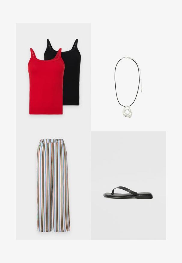 Zwei gerippte Tanktops in Rot und Schwarz. Jedes hat dünne Träger, eine Slim-Fit-Passform und eine weiche Baumwolltextur. Keine sichtbaren Logos oder Muster.; Gestreifte weitgeschnittene Hose mit elastischem Bund. Merkmale sind farbenfrohe vertikale Streifen in Blau, Rot, Grün und Weiß auf einem leichten Stoff.; Schwarze Flip-Flops aus glattem Leder, mit einem dünnen Riemendesign und einer flachen Sohle mit minimalem Profil. Keine bemerkenswerten Muster oder Akzente.; Pilgrim UNFOLD - Halskette - silver-coloured