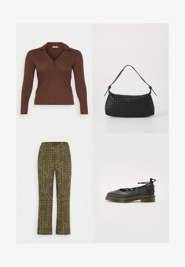 Smeđi rebrasti dukserica dugih rukava s V-izrezom i dugmetom, izrađena od mekog, teksturiranog materijala.; Maslinasto zelene hlače s mekom, tkivnom teksturom, s geometrijskim bež isprekidanim uzorkom. Elastična traka u struku za udobnost i fleksibilnost.; Crne kožne cipele s zaobljenim prstom, niskom petom, vezanjem i žutim šavom duž đona. Glatka tekstura s mat završnom obradom.; Crna torba preko ramena od tkanine s glatkim kožnim remenom i zatvaranjem na patentni zatvarač. Ima teksturiranu površinu i zakrivljen oblik.