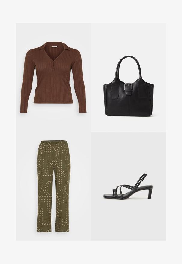 Brūns ribots garām piedurknēm tops ar V veida apkakli un pogu lentu, izgatavots no mīksta, teksturēta auduma.; Olīvu zaļas bikses ar mīkstu, austas tekstūras virsmu, kurām ir ģeometrisks beidzis bēša raksts. Elastīga josta ērtībai un elastībai.; Melnas strappy sandales ar kvadrātveida purngaliem un zemu bloku papēdi. Ievērojamas ar vairākiem plāniem siksniņām un regulējamu potītes siksniņu. Izgatavotas no gludas ādas.; Melnas ādas somiņa ar gludu tekstūru, strukturētu formu, divām rokturām un izteiktu sudraba sprādzi priekšpusē.