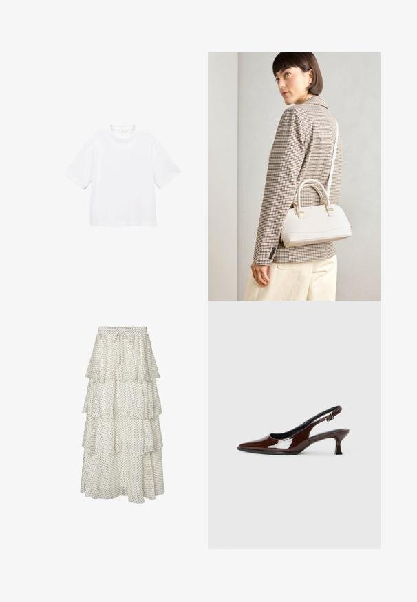 Biely bavlnený tričko s krátkym rukávom a okrúhlym výstrihom. Jednoduchý dizajn, voľný strih, hladká textúra. Žiadne vzory ani akcenty nie sú viditeľné.; Viacvrstvová biela sukňa s čiernymi bodkami, s elastickým pásom a šnúrkou na stiahnutie. Ľahký materiál s volánovým lemom.; Hnedá lakovaná slingback obuv s špicatou špičkou a mierne vysokým opätkom. Obsahuje pracku pre bezpečné upevnenie. Hladká textúra.; Biela štruktúrovaná kabelka s krátkymi rúčkami a ramenným popruhom, s zlatými kovovými prvkami a textúrovaným materiálom, vystavená na šedom pozadí.
