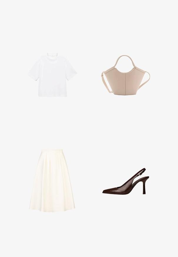Witte katoenen t-shirt met korte mouwen en een ronde hals. Eenvoudig ontwerp, losse pasvorm, gladde textuur. Geen patronen of accenten zichtbaar.; Een knielange, geplisseerde rok van crèmekleurige stof met een soepele textuur en een aansluitende tailleband, ontworpen voor casual of formele gelegenheden.; Bruine lederen slingbackpomp met een spitse neus en een dunne hak. Voorzien van een kleine accentgesp op de band en een glossy afwerking.; Beige leren handtas met een unieke vorm, voorzien van twee korte handvatten en een lange verstelbare schouderriem. Glad oppervlak met minimale hardware.
