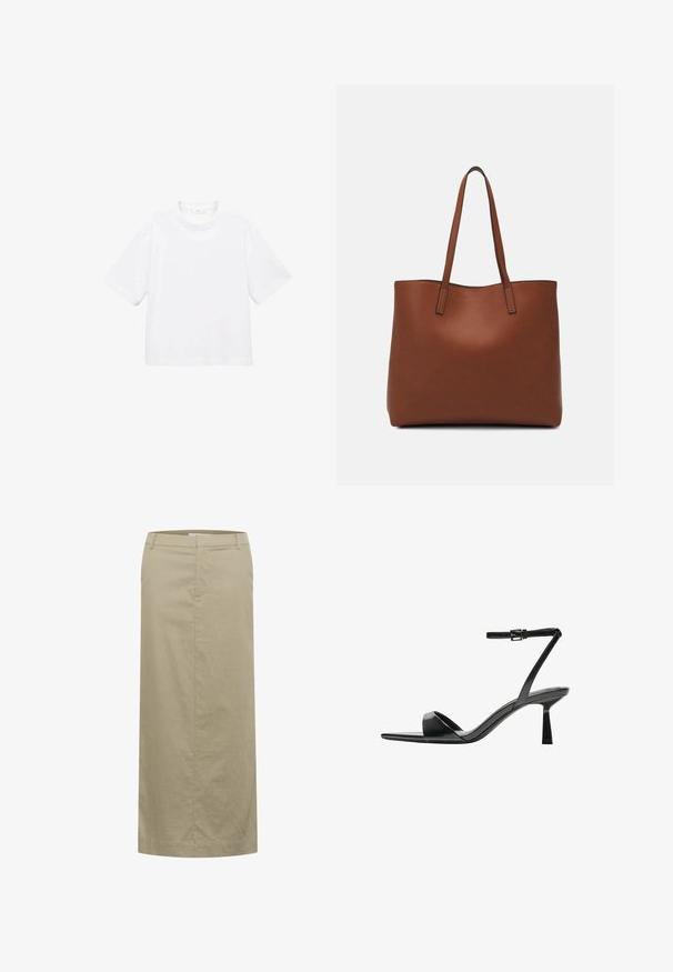 Tricou alb din bumbac, cu mânecă scurtă și guler rotund. Design simplu, croială lejeră, textură fină. Nu sunt vizibile modele sau accente.; Fustă midi din in bej cu talie plată, buzunare laterale și siluetă dreaptă, având o cusătură minimă și fără elemente de prindere vizibile.; Bershka Sandale cu toc - black; Geantă de umăr din piele maro cu o textură netedă, design cu vârf deschis și două curele pentru umăr. Prezintă cusături minime și fără componente metalice vizibile.